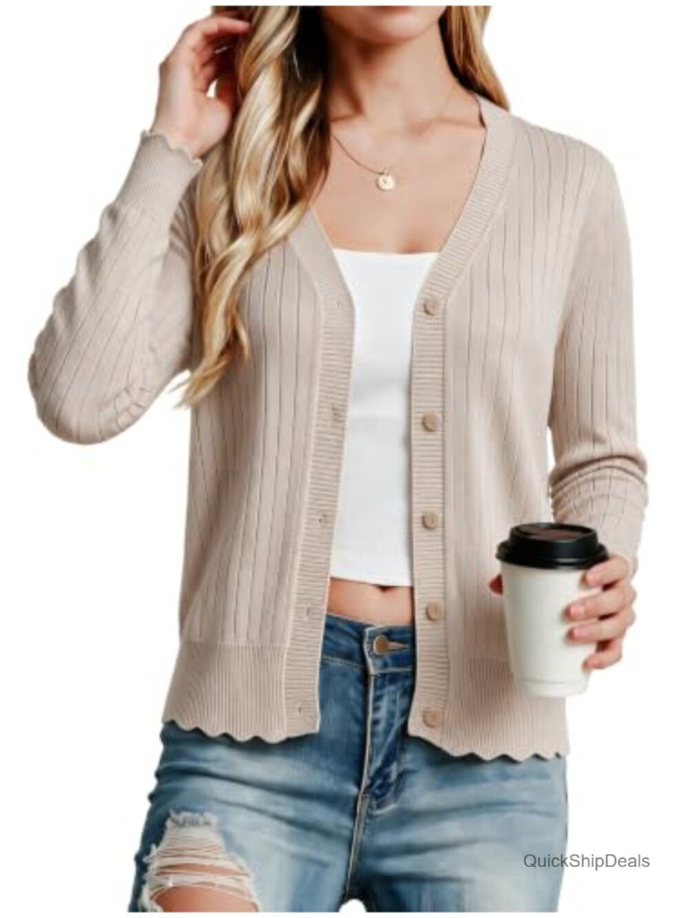 Womens Long Sleeve Knit Cardigan V-Neck Button Down Scalloped Hem Sweater